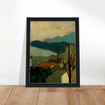 A serene landscape painting depicting a small village with red-roofed houses nestled among trees, set against layered blue-green mountains and a pale sky. Bare tree silhouettes frame the peaceful countryside scene.