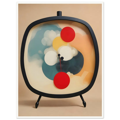 An abstract artwork of a clock with a black oval frame and tripod legs, featuring vibrant circular shapes in red, yellow, white, and teal against a soft beige background.