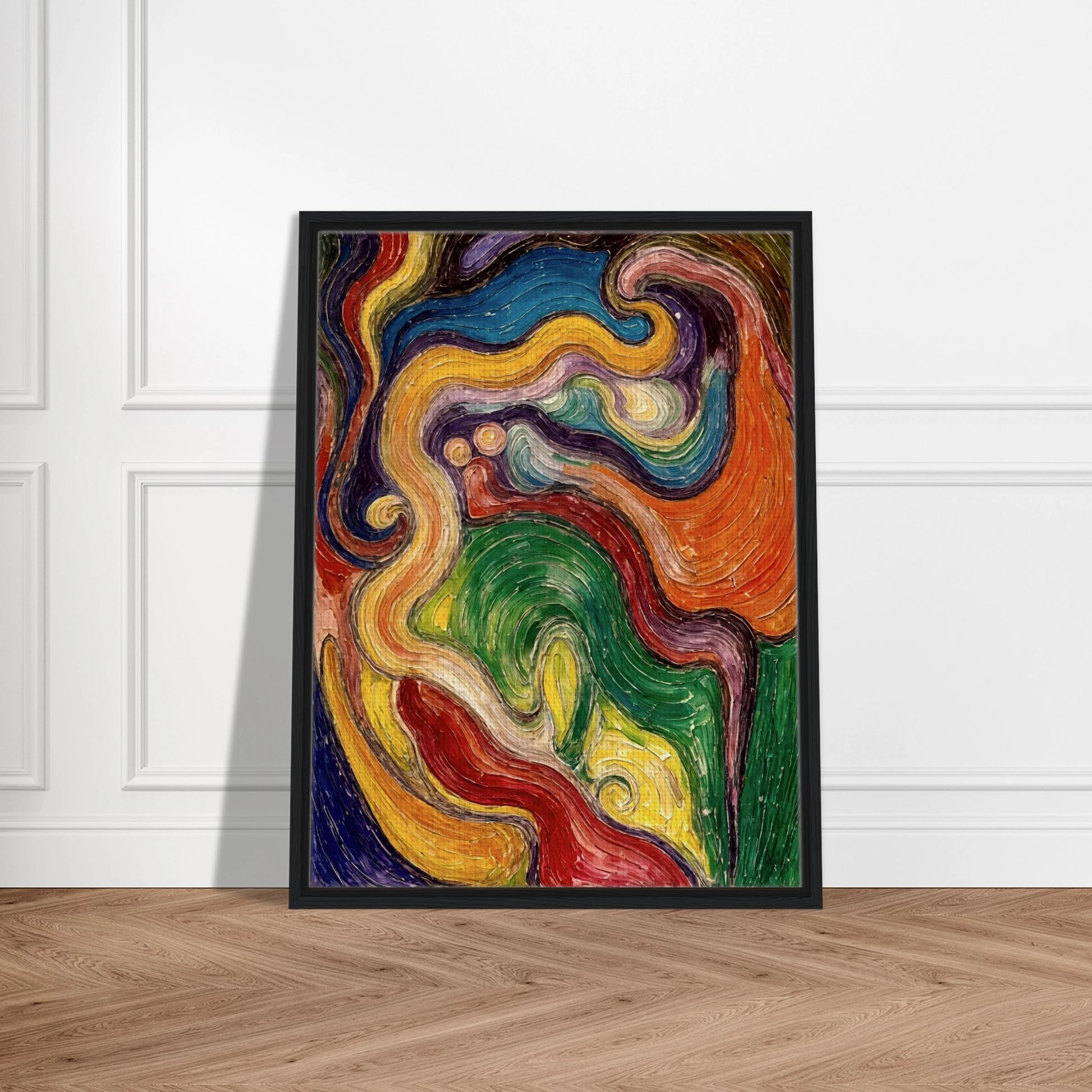 Lively spiral strokes in red, green, yellow, and blue twist and merge, forming a textured, flowing visual dialogue.