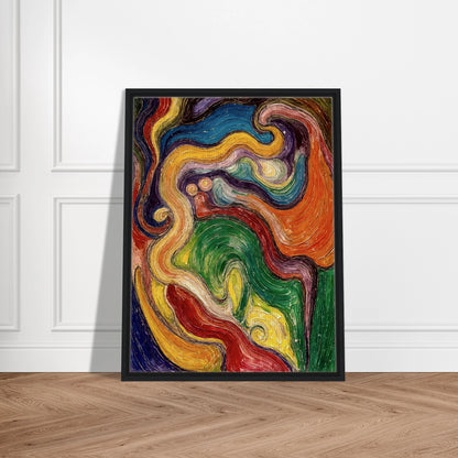 Lively spiral strokes in red, green, yellow, and blue twist and merge, forming a textured, flowing visual dialogue.