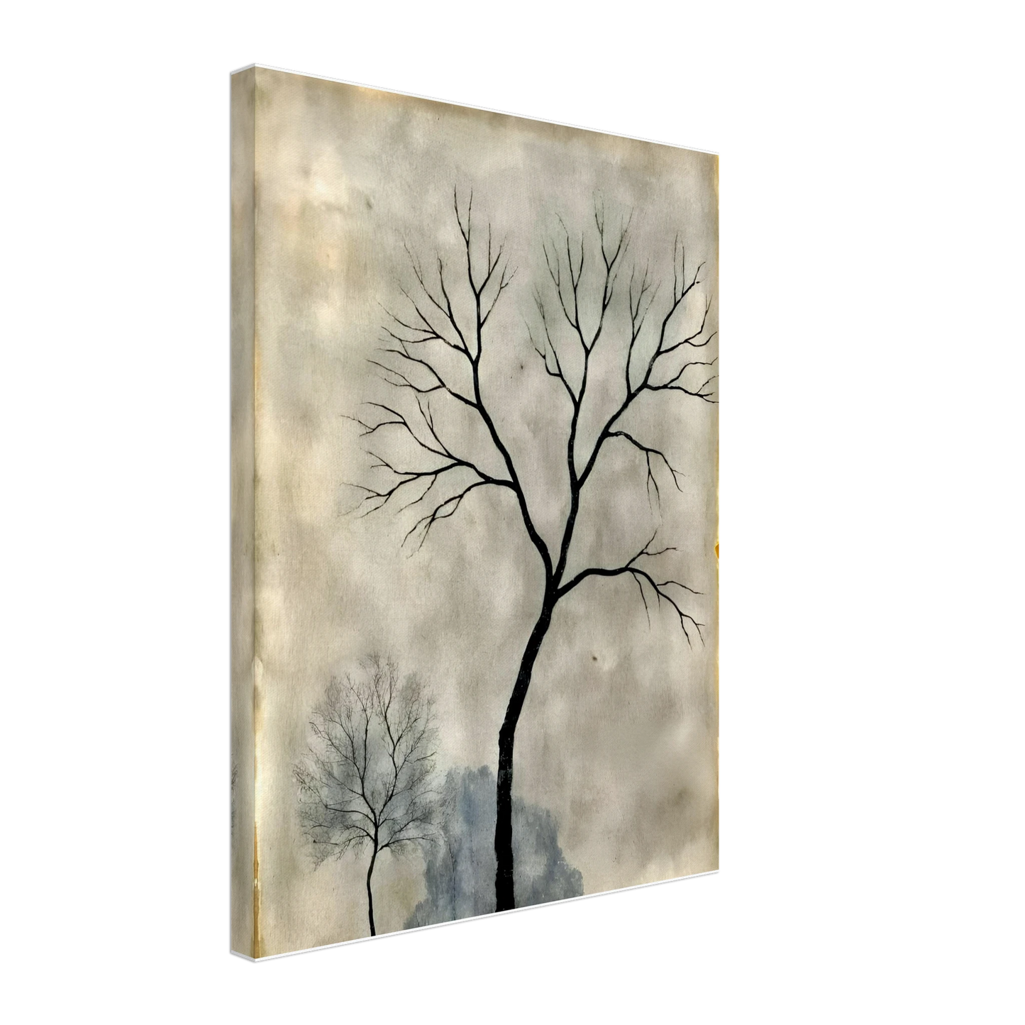Two leafless trees stand silhouetted against a misty gray sky, evoking a quiet, contemplative atmosphere.