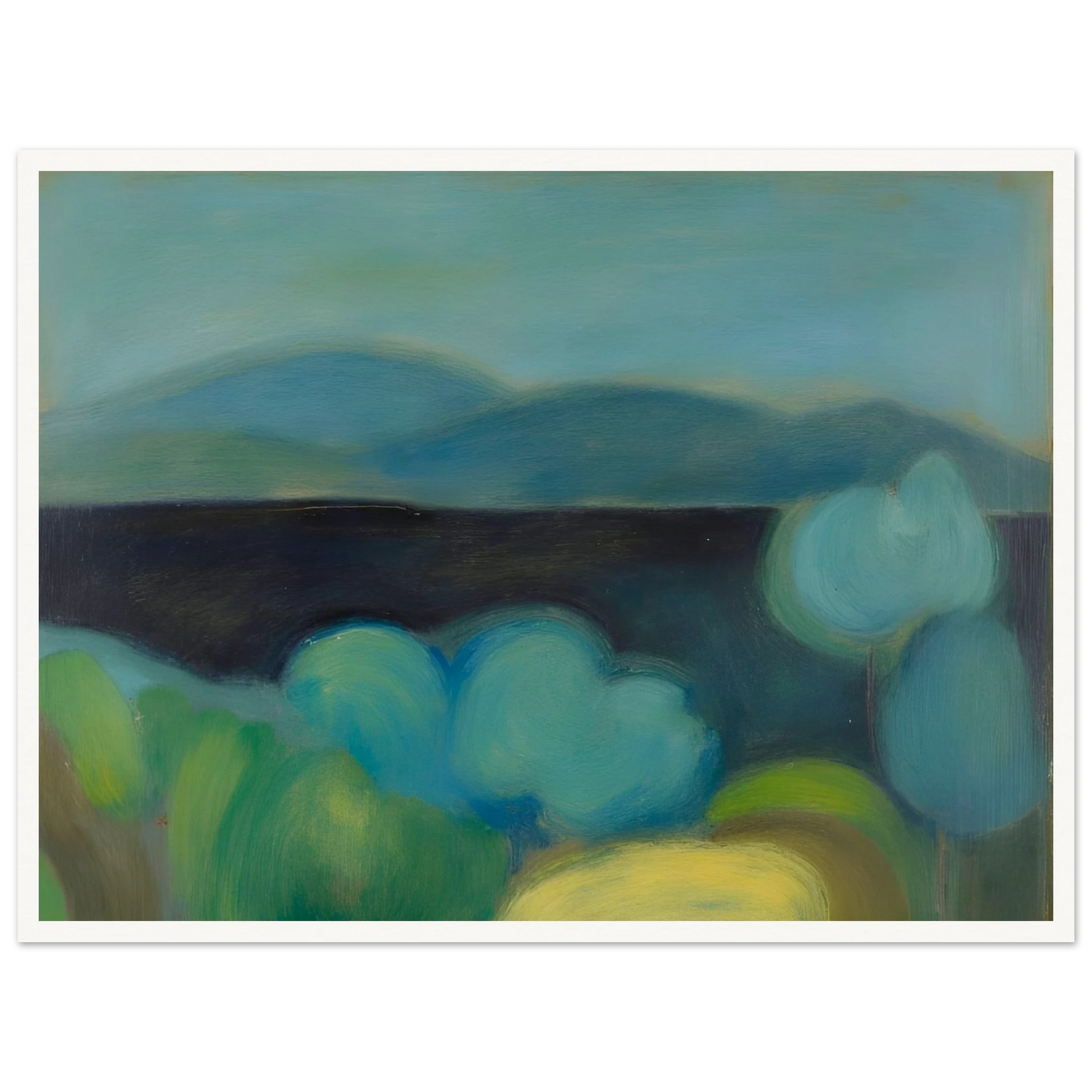Soft blue hills rise beyond rounded trees and lush fields, creating a tranquil landscape bathed in cool light.