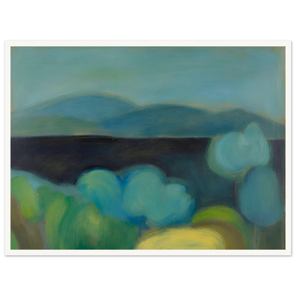 Soft blue hills rise beyond rounded trees and lush fields, creating a tranquil landscape bathed in cool light.