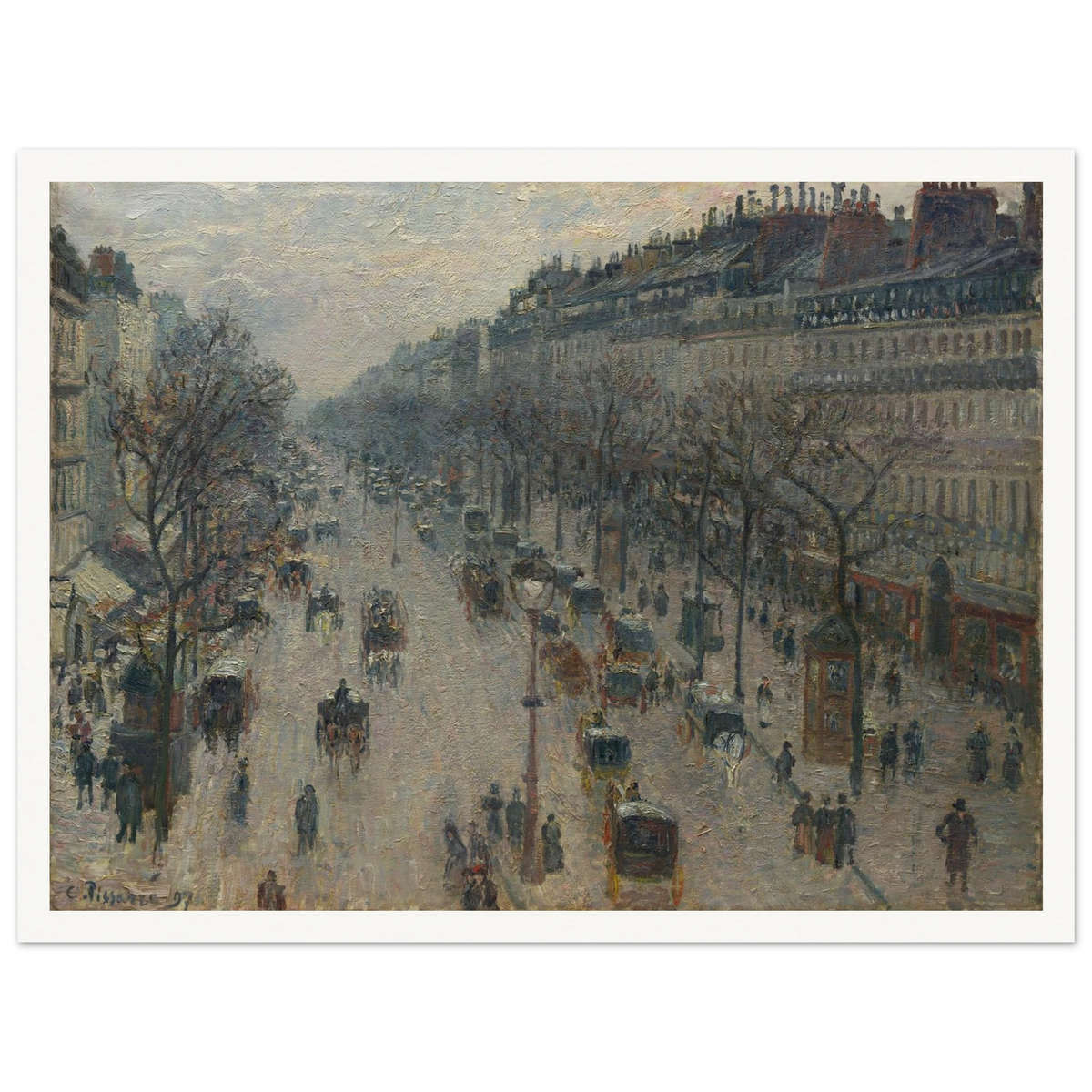 A busy Paris boulevard with carriages, figures, bare trees, and gray winter light.