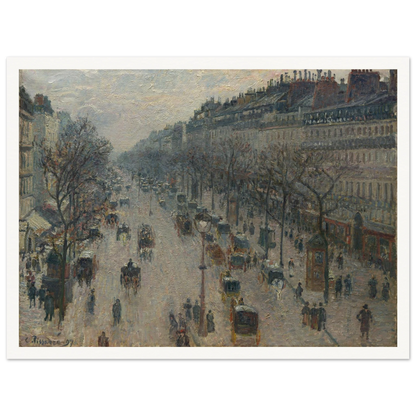 A busy Paris boulevard with carriages, figures, bare trees, and gray winter light.