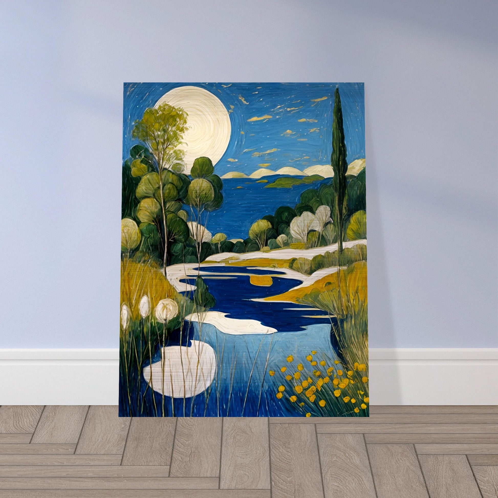 A peaceful landscape featuring a glowing full moon over a blue lake, surrounded by lush greenery and golden wildflowers under a starlit sky.