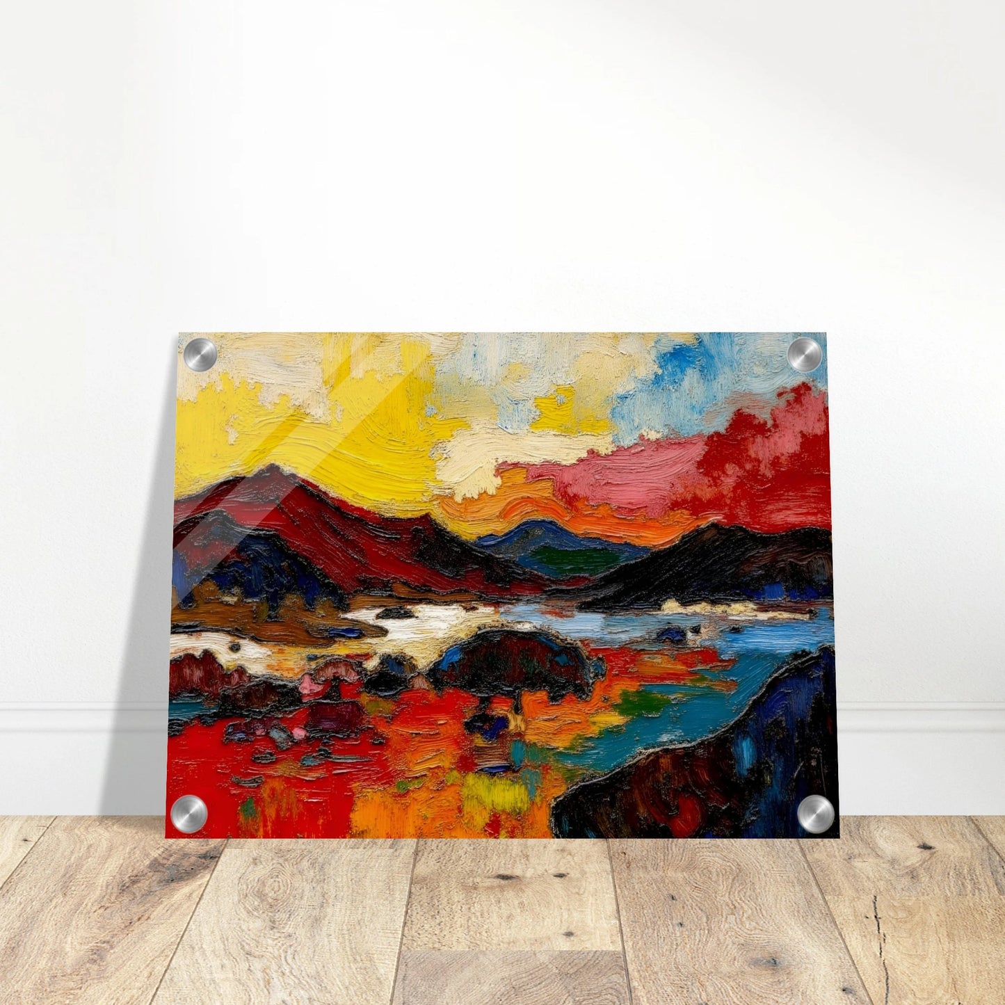 Bold red hills and blue water sit beneath a golden sky in a richly textured landscape.