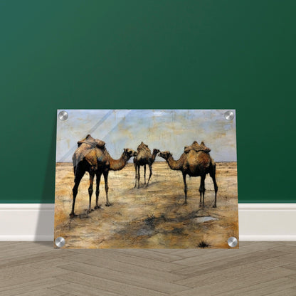 A detailed painting of three camels with packs standing together in a vast, arid desert landscape under a blue sky.