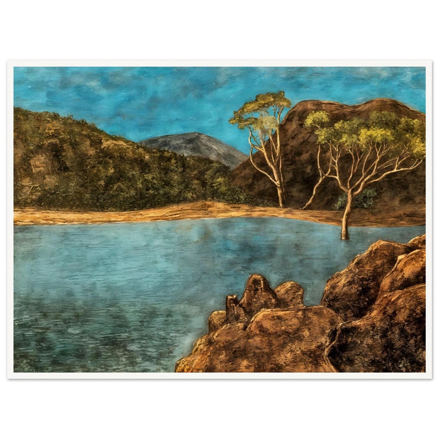 Blue lake with rocky shore, brown hills, slender trees, and turquoise sky in a quiet landscape.