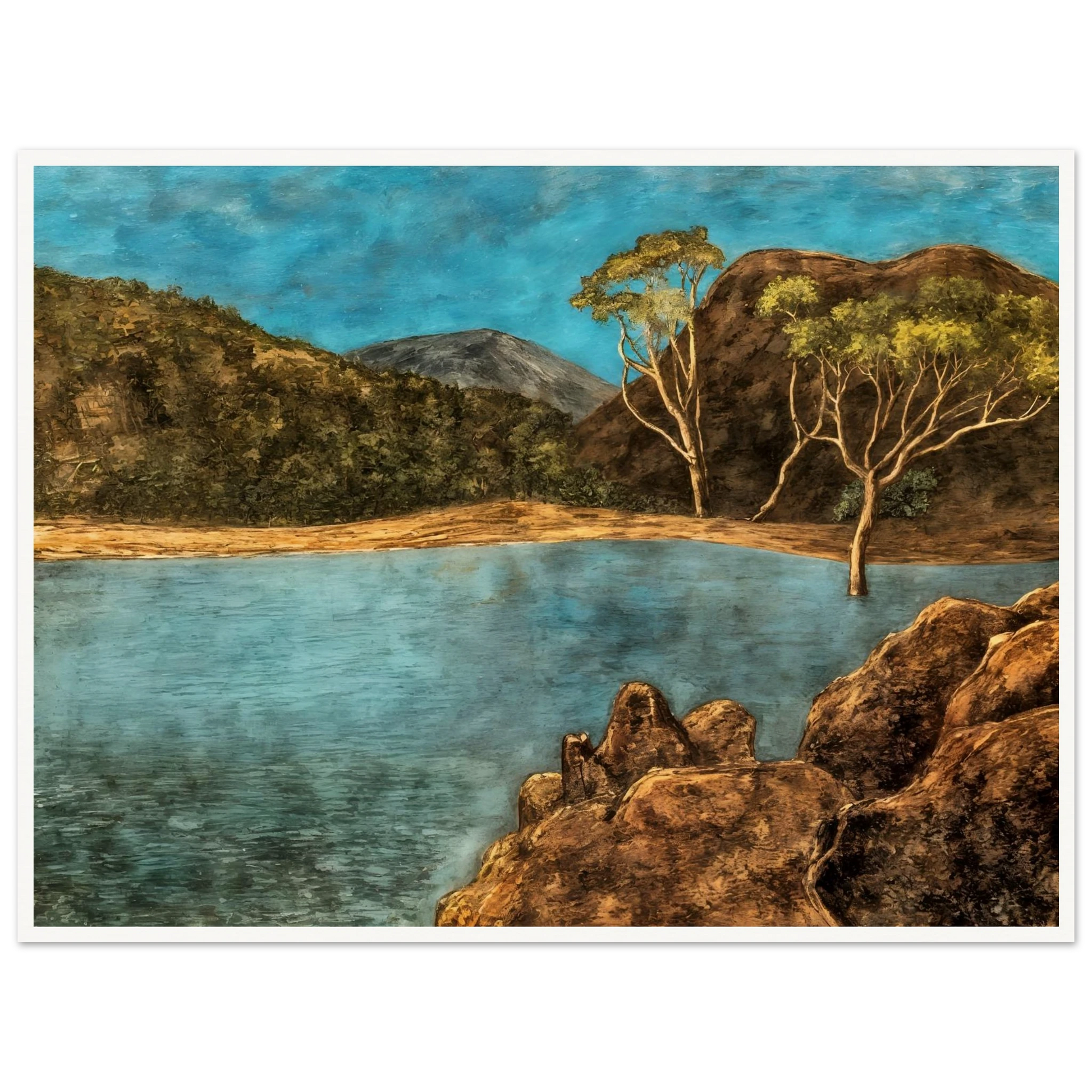 Blue lake with rocky shore, brown hills, slender trees, and turquoise sky in a quiet landscape.