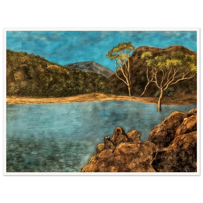 Blue lake with rocky shore, brown hills, slender trees, and turquoise sky in a quiet landscape.