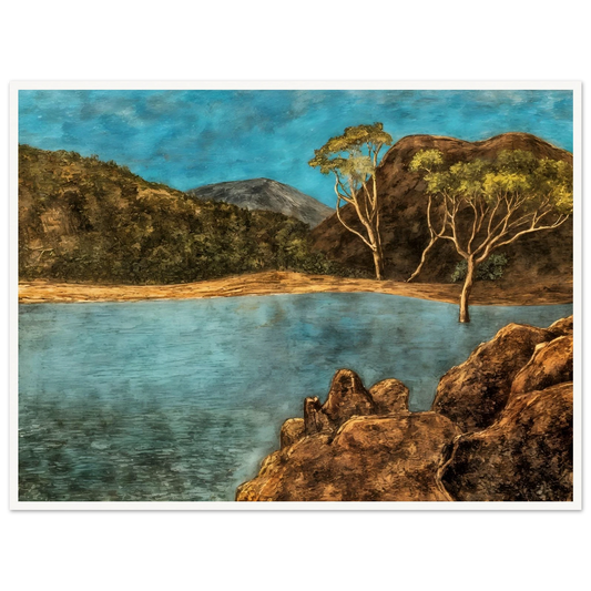 Blue lake with rocky shore, brown hills, slender trees, and turquoise sky in a quiet landscape.