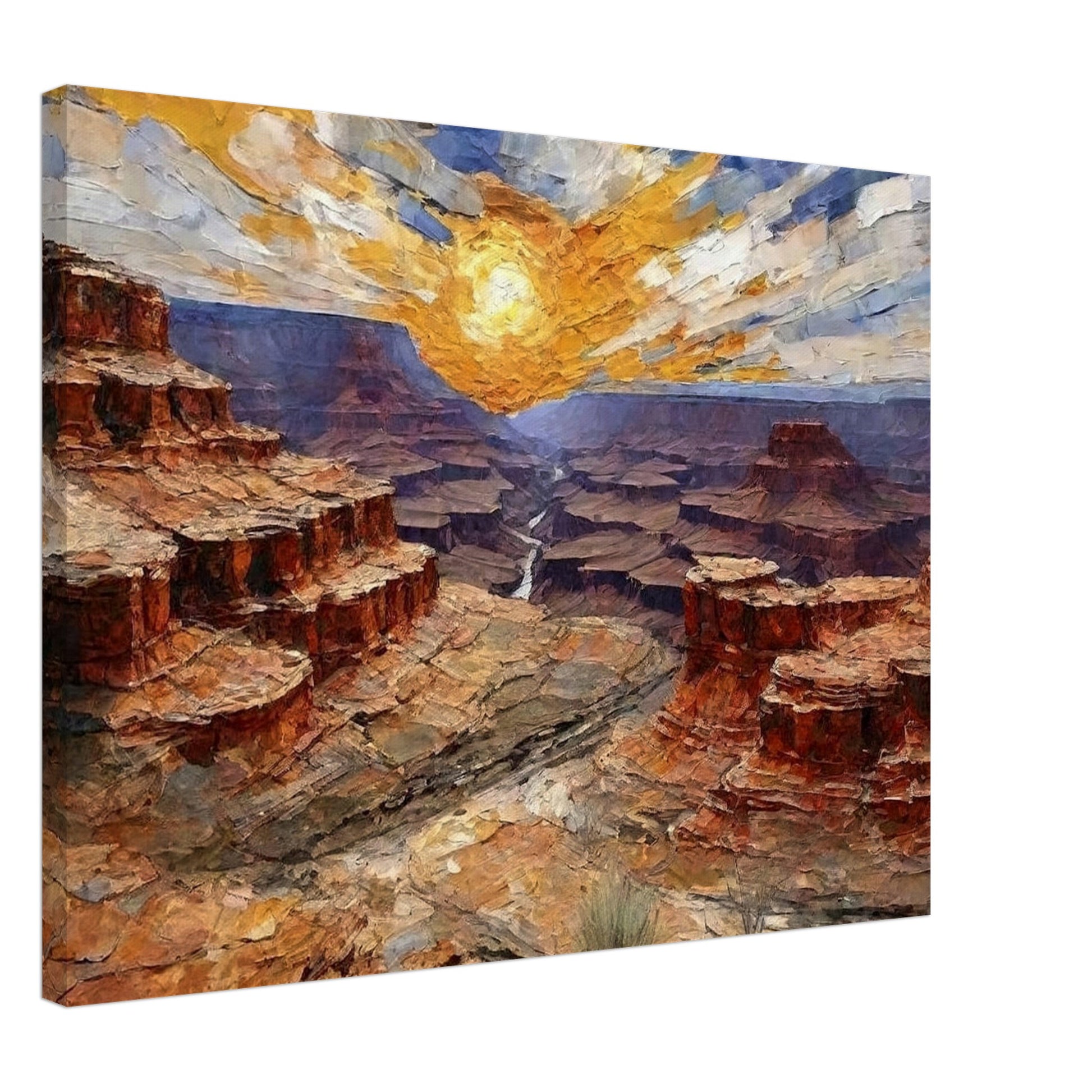 "A dramatic painting of a canyon at sunset, with layers of rocky red cliffs and a radiant golden sun casting light across the vast landscape."