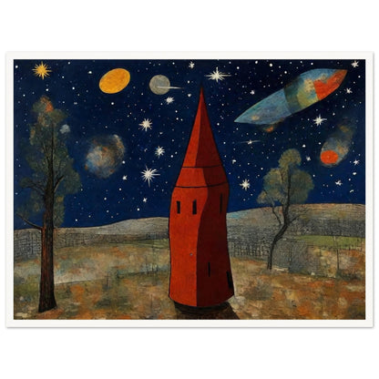 Whimsical scene of a red tower under a starry sky, with planets and a spaceship flying in a cosmic landscape surrounded by trees.