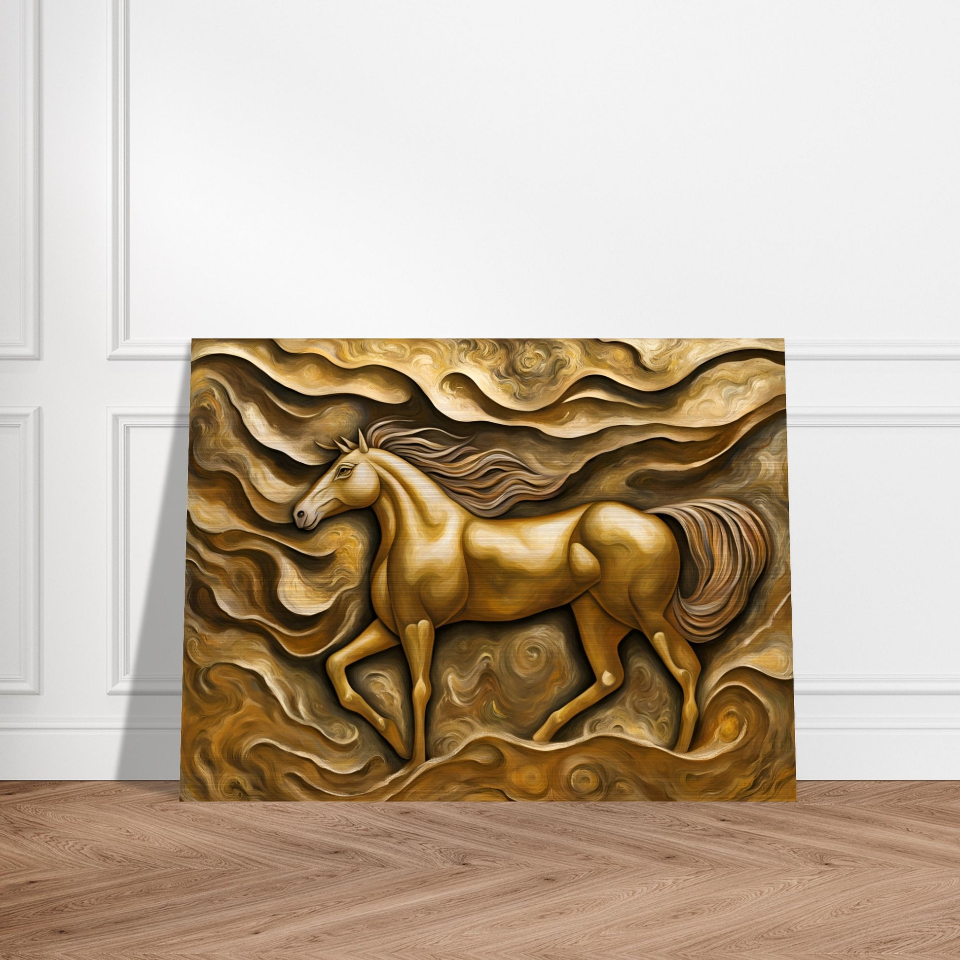 A golden horse runs through swirling, textured waves of gold and brown, embodying strength and motion with a dreamlike elegance.