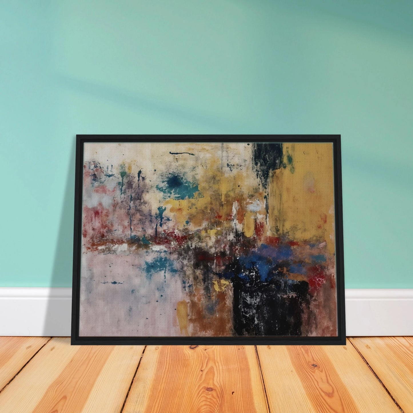 Layered ochre, teal, black, and red marks create a weathered textured composition.