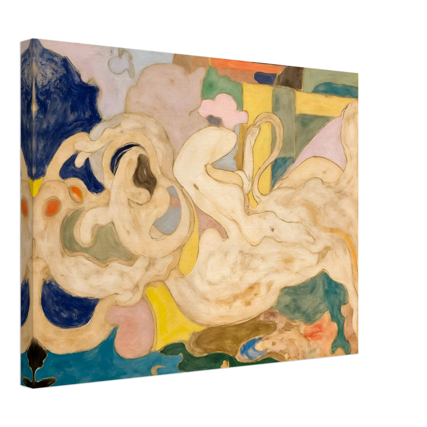 Cream-toned flowing shapes weave through soft blocks of blue, green, yellow, and pink in a dreamlike composition.