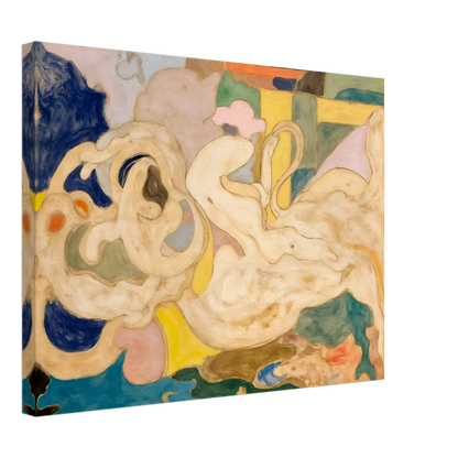 Cream-toned flowing shapes weave through soft blocks of blue, green, yellow, and pink in a dreamlike composition.