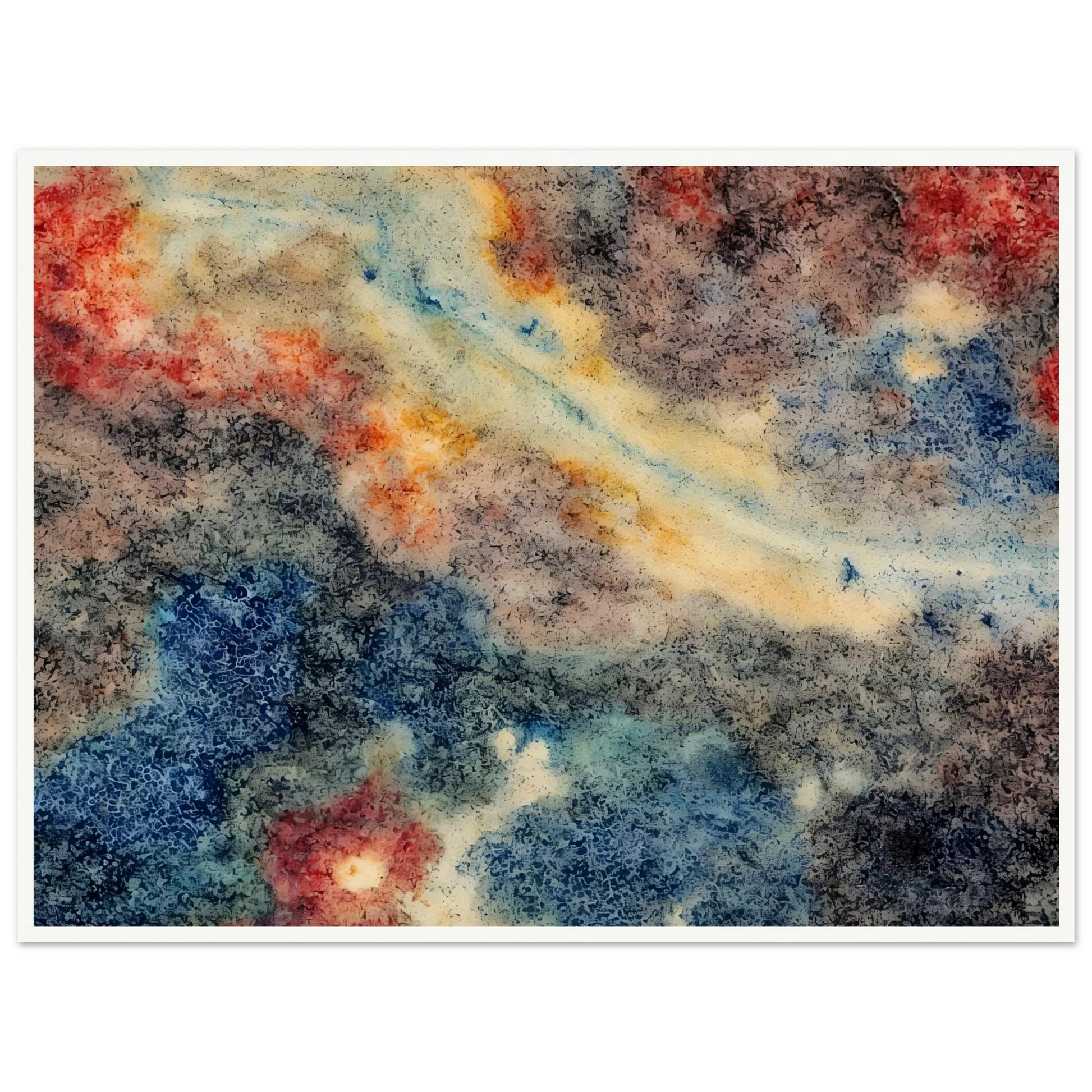 An abstract composition of swirling blue, gray, cream, and crimson textures resembling a distant nebula or galaxy, with organic patterns and flowing celestial forms.