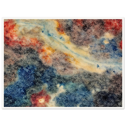 An abstract composition of swirling blue, gray, cream, and crimson textures resembling a distant nebula or galaxy, with organic patterns and flowing celestial forms.