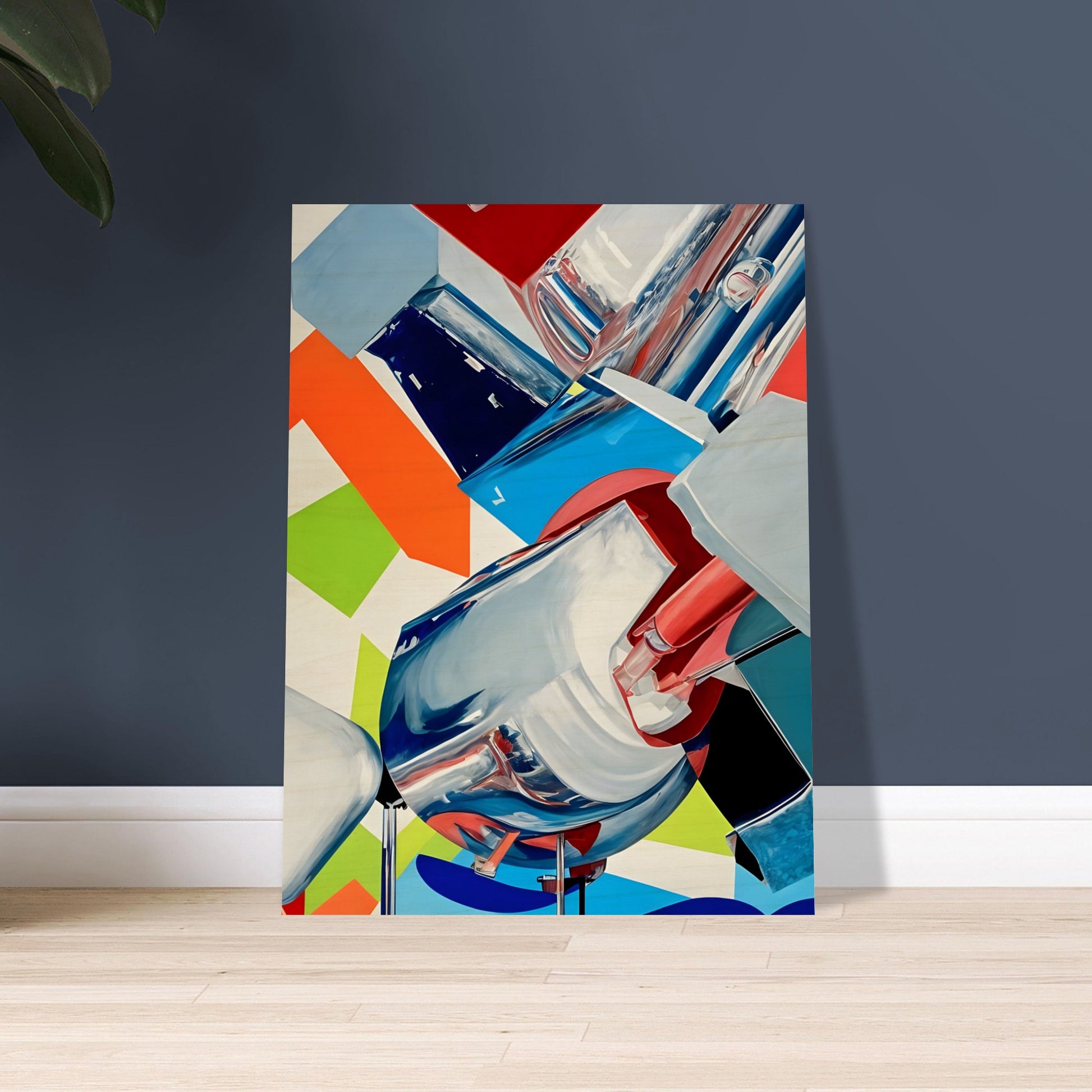 A futuristic composition featuring dynamic metallic structures reflecting bold hues of red, blue, green, and orange, set against a geometric background.