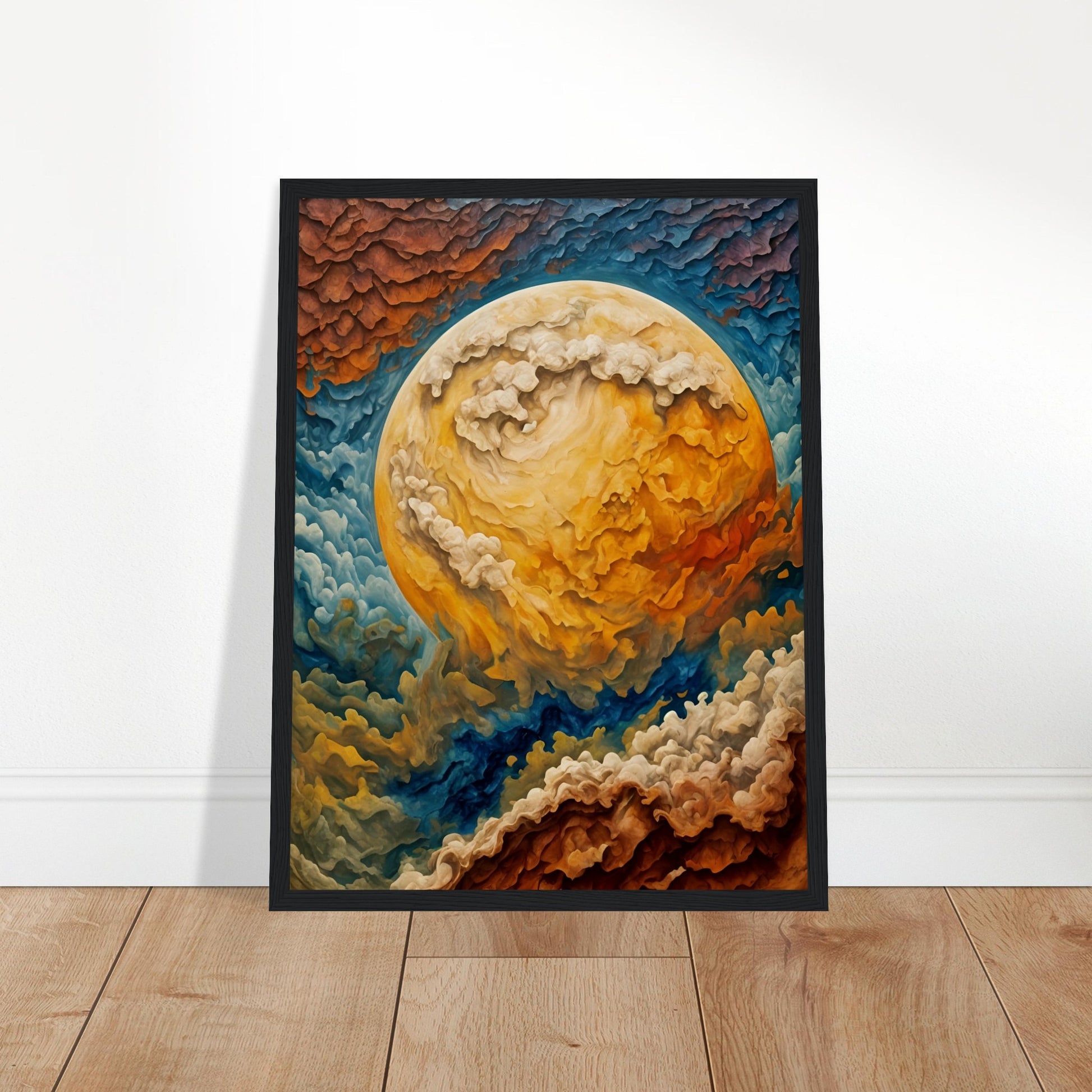 A mesmerizing cosmic painting depicting a massive swirling celestial body with fiery clouds in hues of gold, blue, and crimson.