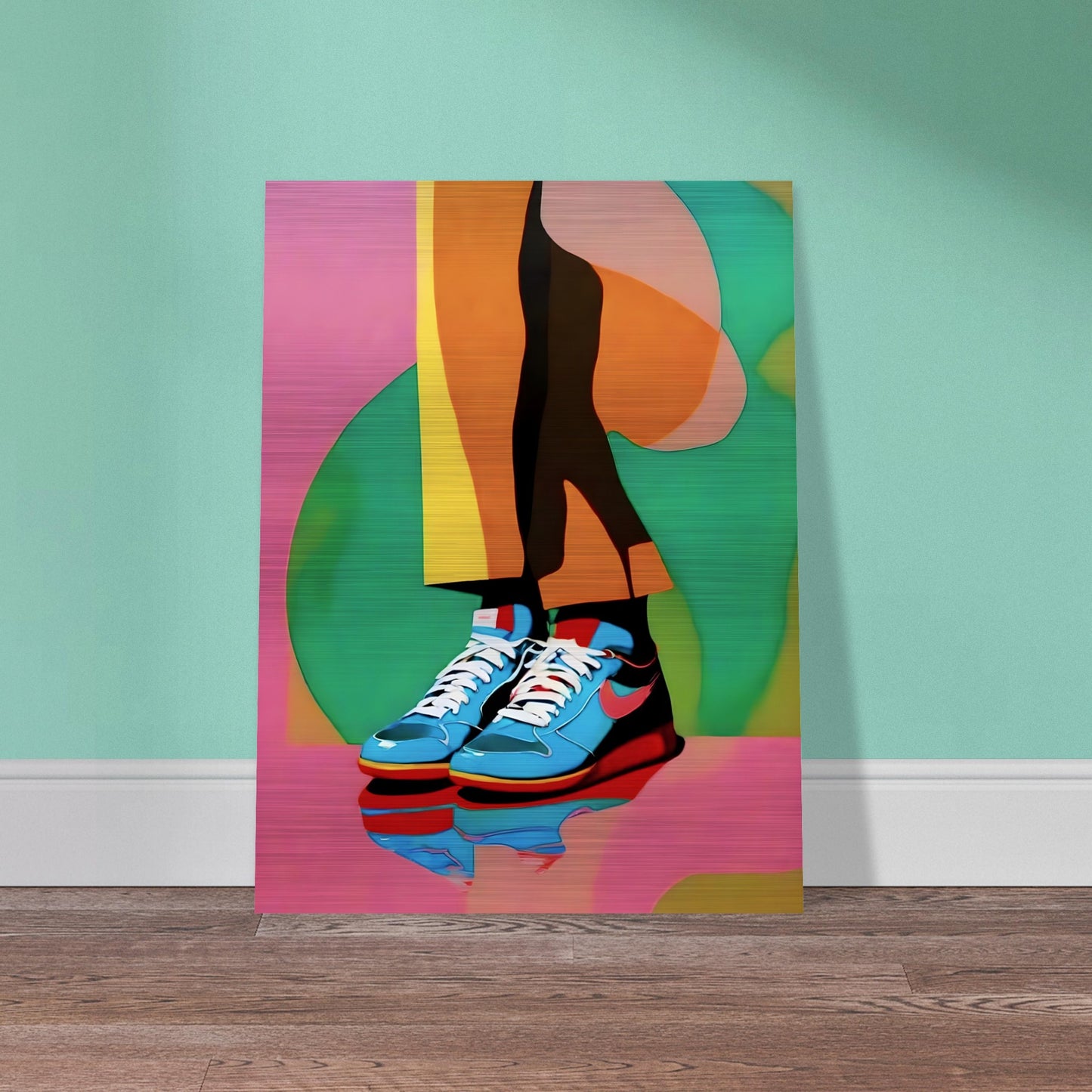 A modern artwork showcasing vibrant legs in bold-colored pants and blue sneakers, set against a bright pink and green abstract background.