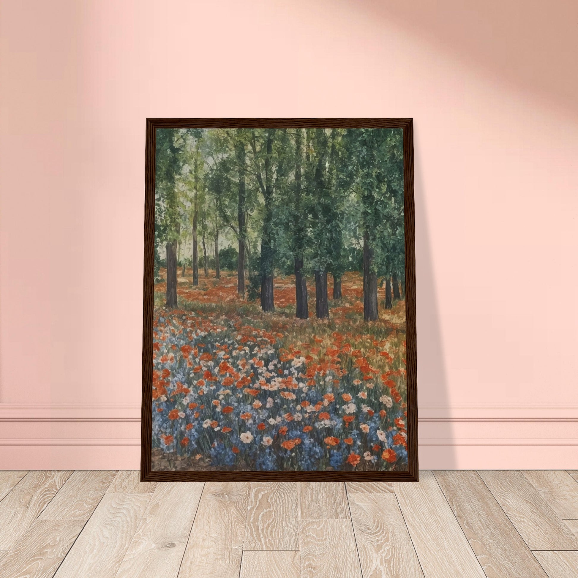 "A tranquil landscape with vibrant orange and blue wildflowers blooming under tall trees, evoking the peacefulness of a forest meadow."