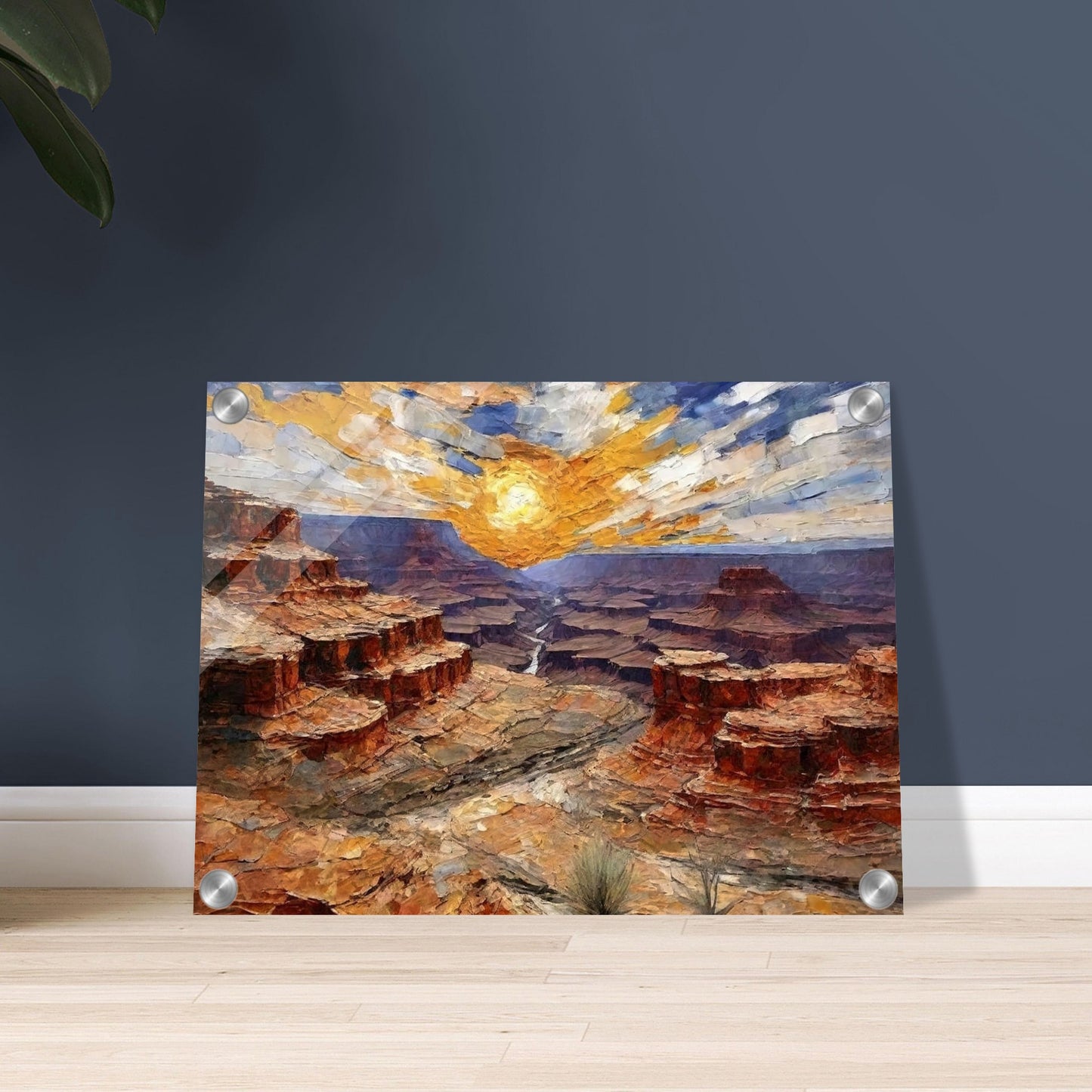 "A dramatic painting of a canyon at sunset, with layers of rocky red cliffs and a radiant golden sun casting light across the vast landscape."