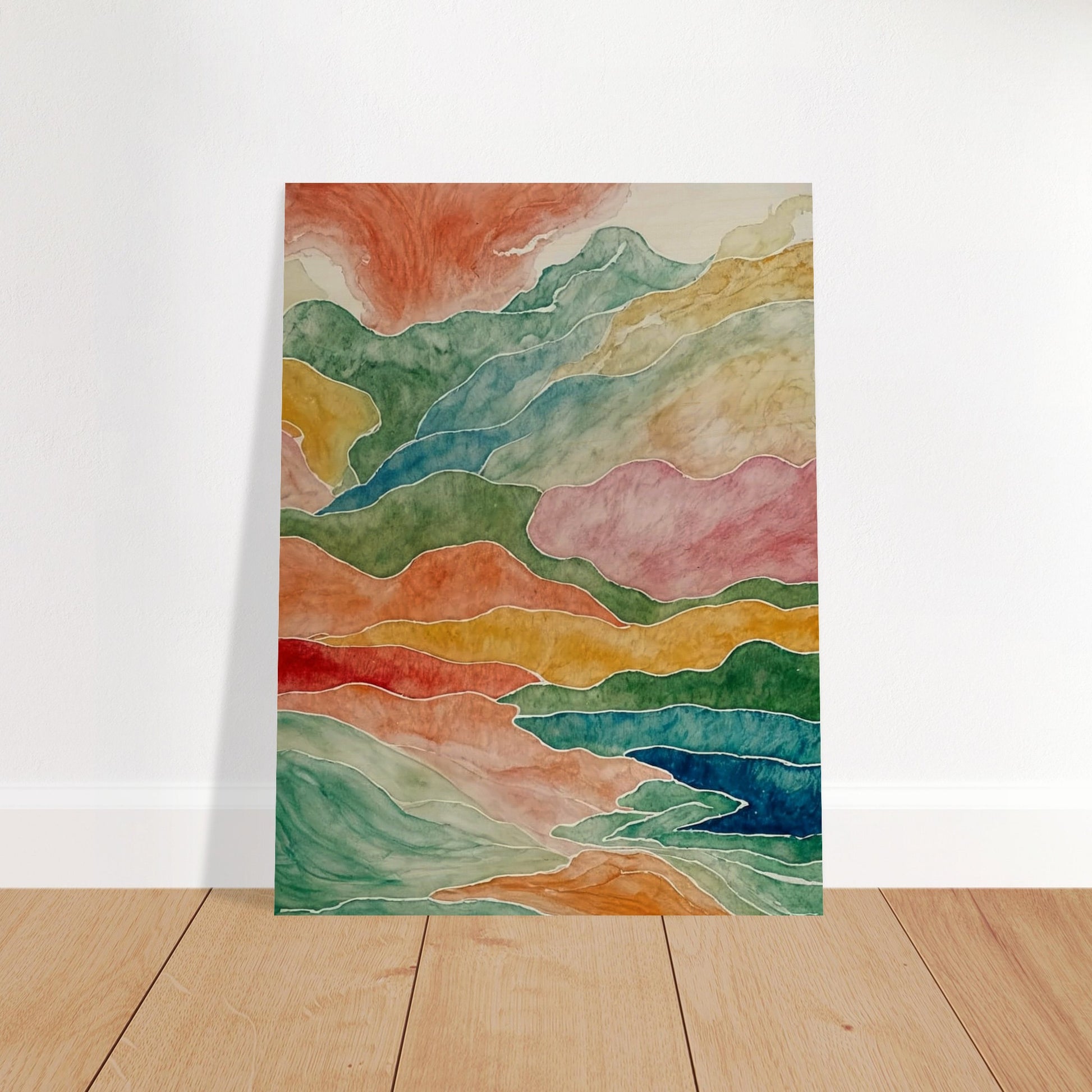 Abstract watercolor painting depicting fluid, layered mountains in a spectrum of colors, creating a sense of natural movement.