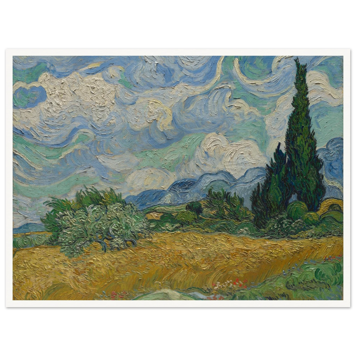 Golden wheat field and dark cypress trees beneath swirling blue-and-white clouds in a vivid Provençal landscape.