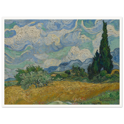 Golden wheat field and dark cypress trees beneath swirling blue-and-white clouds in a vivid Provençal landscape.