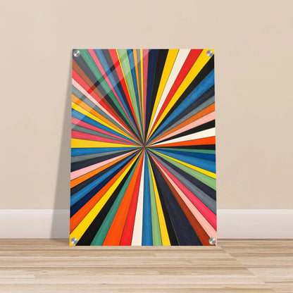 Dynamic explosion of multicolored rays converges at a central point, creating a bold visual of energy, motion, and vibrant perspective.
