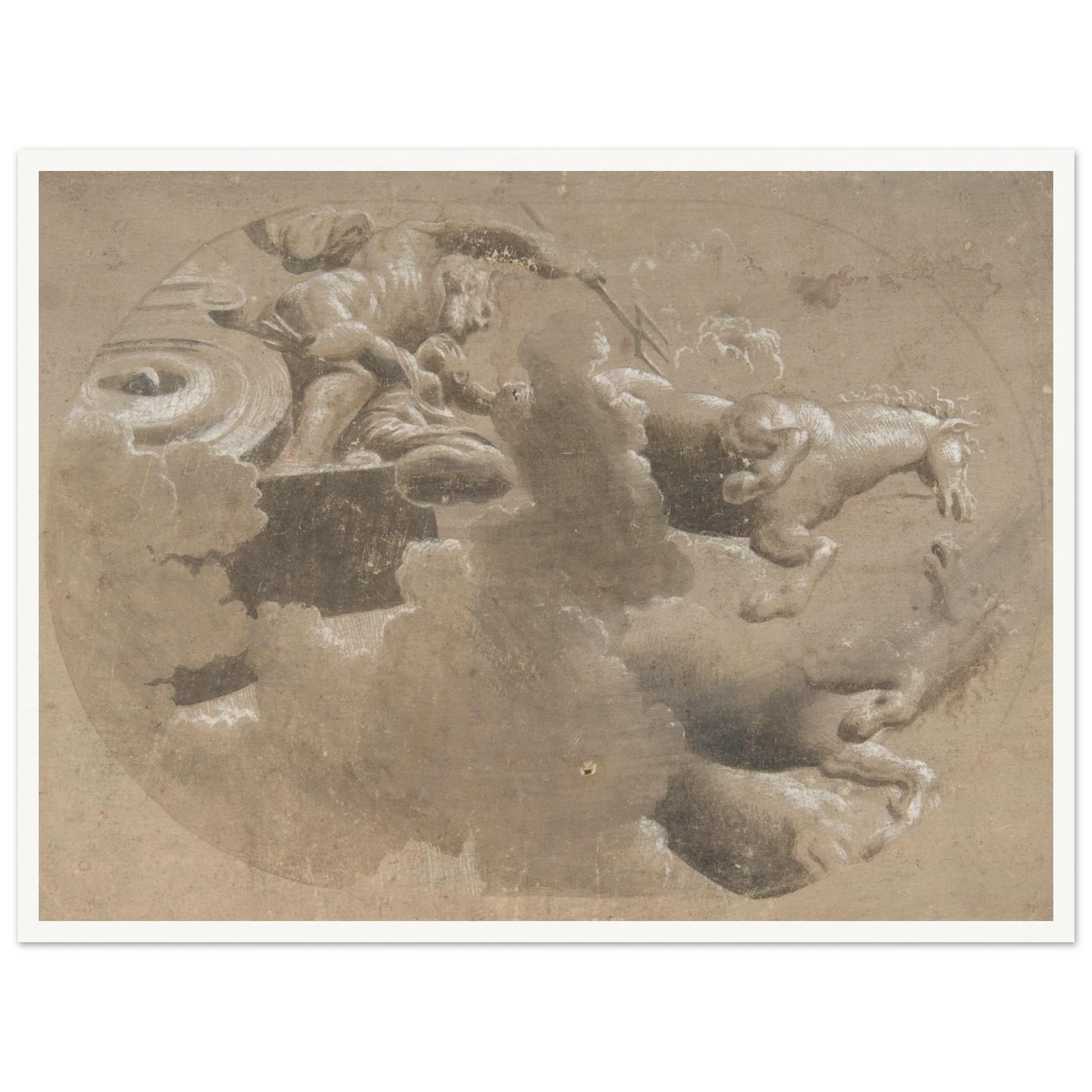 Ceiling design with a male figure holding a trident beside a horse-drawn chariot emerging through clouds.