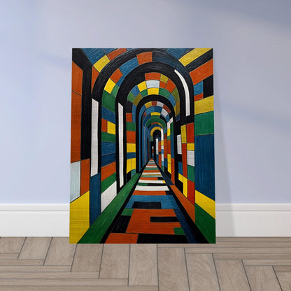 A striking, colorful tunnel with geometric patterns, creating a mesmerizing sense of depth and perspective in a surreal architectural space.