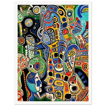 Bold and intricate abstract patterns in vibrant colors like blue, red, yellow, and green, forming a dynamic and energetic composition of swirling shapes.