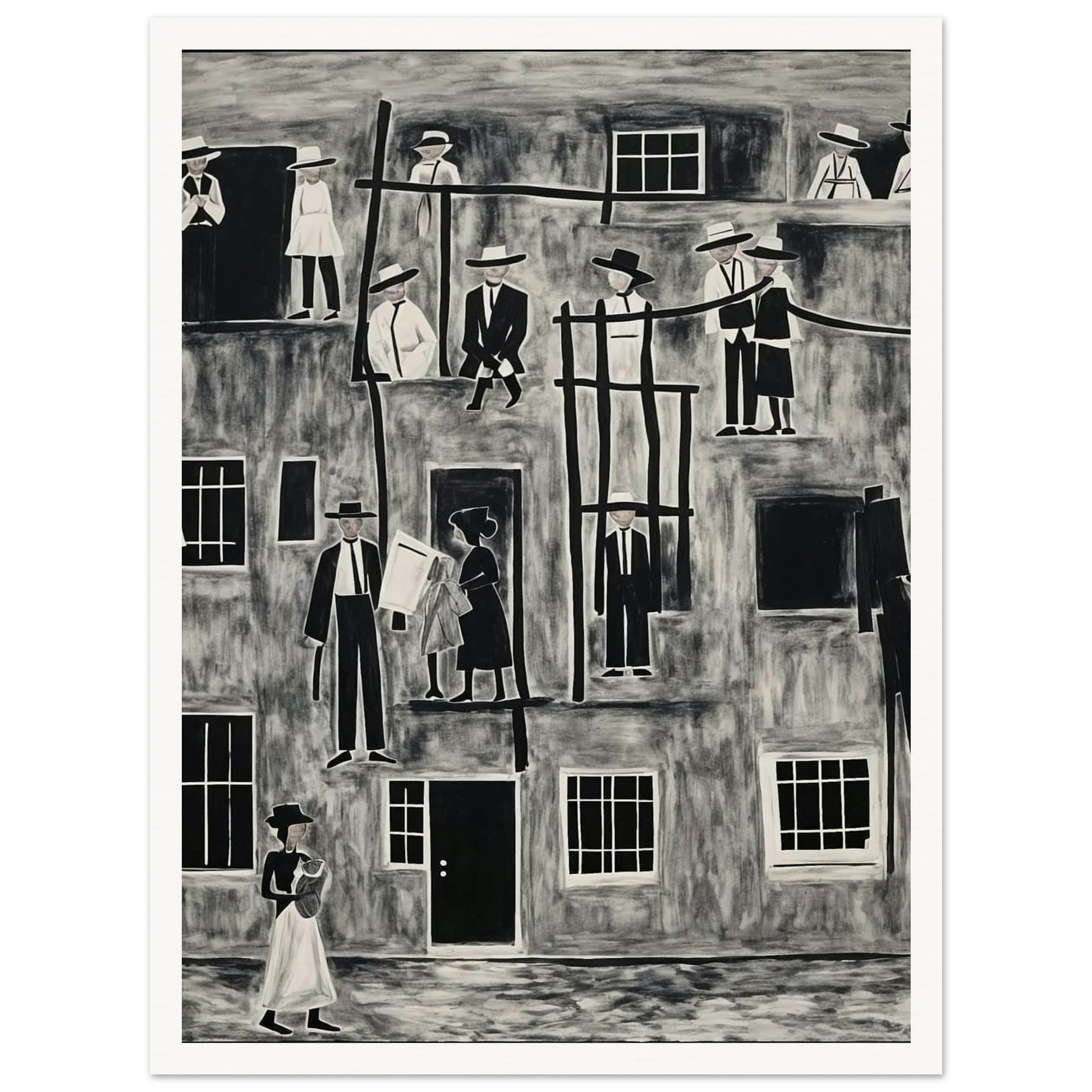 A monochromatic painting depicting a multi-story urban scene with numerous figures in formal attire, including hats, standing on balconies and interacting with one another. The black-and-white color palette enhances the contrast and highlights the stark lines of the architecture and figures, creating a visually striking composition.