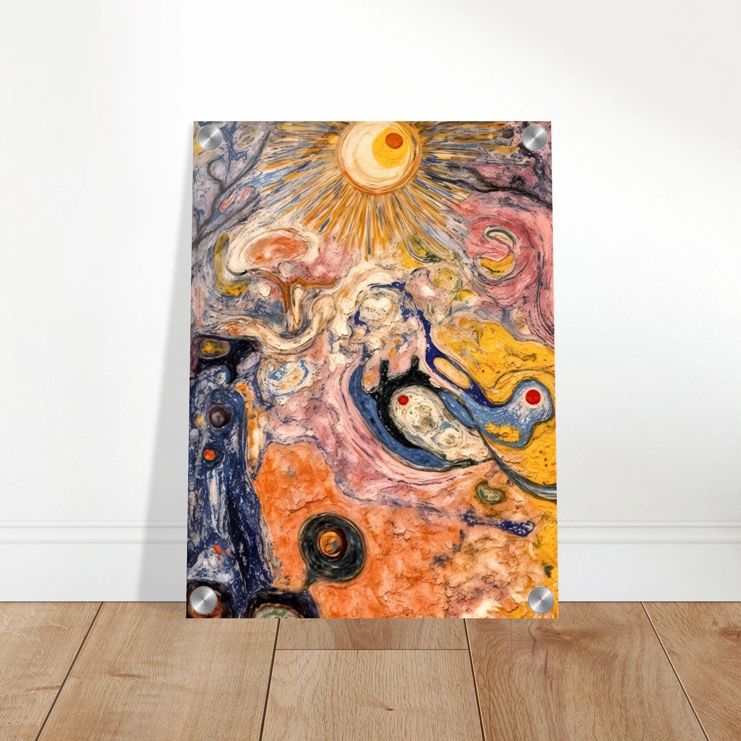 An abstract cosmic-inspired painting featuring a radiant sunburst at the top, swirling organic forms, flowing textures, and vibrant hues of gold, pink, blue, cream, and black that evoke a dreamlike universe in motion.