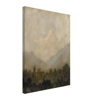 Soft clouds hover above a shadowy forest, evoking serenity and silence beneath a veil of golden haze.