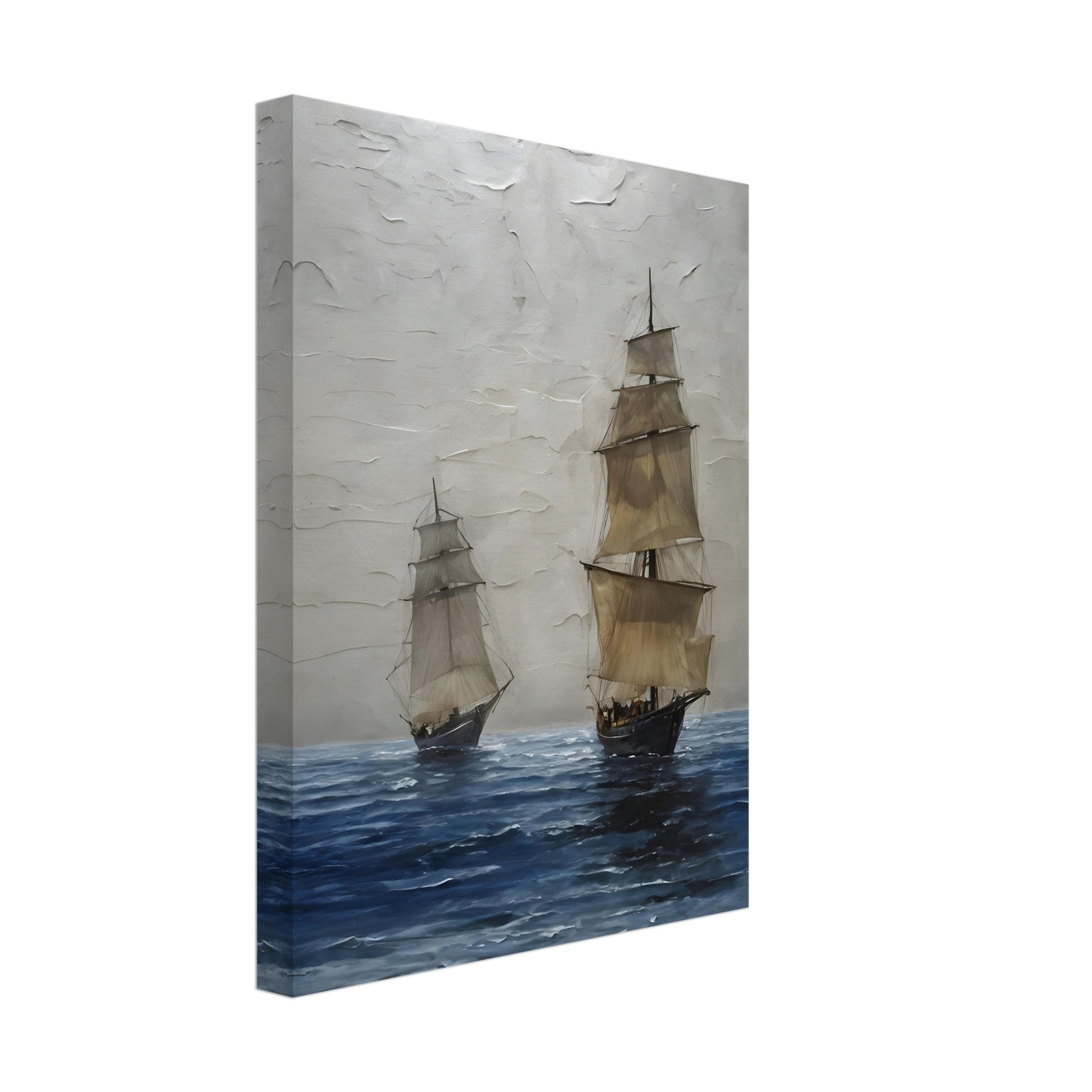 A captivating seascape featuring two tall ships with billowing sails drifting over deep blue waters, set against a textured, misty sky.