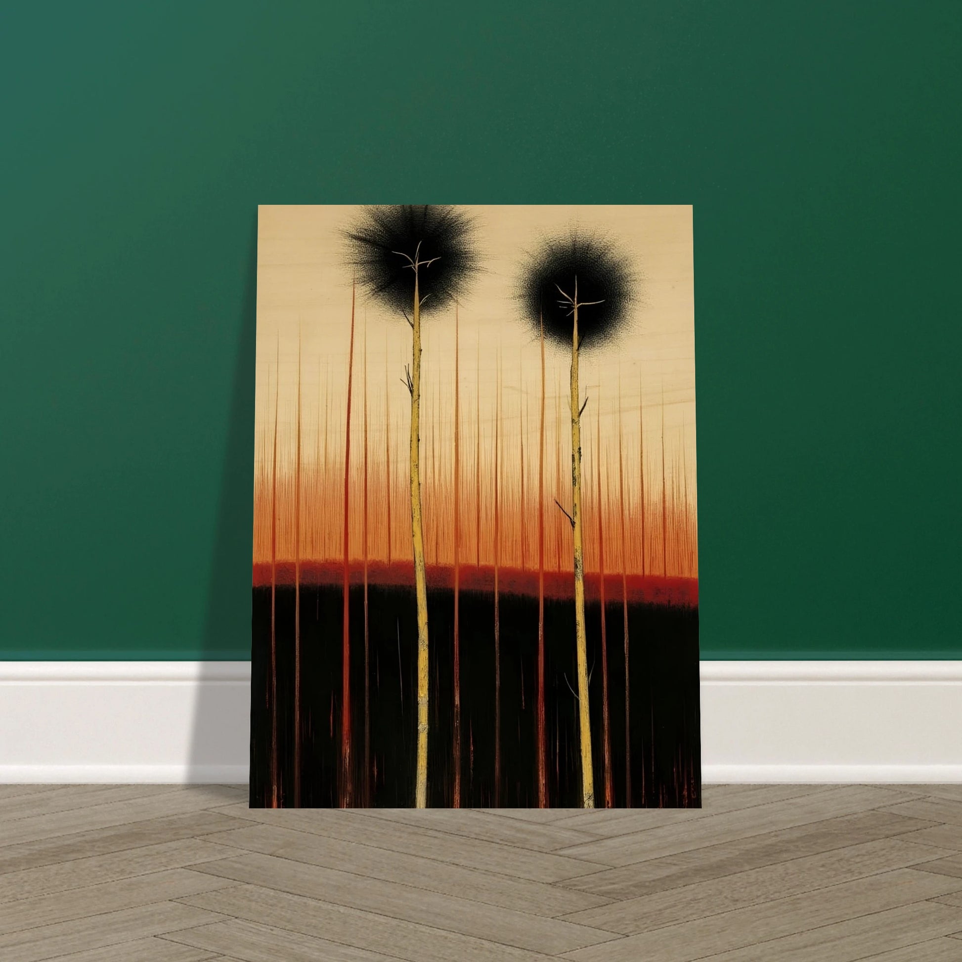 Two tall, slender trees rise from dark soil under a glowing orange and black sky, evoking quiet endurance and mystery.