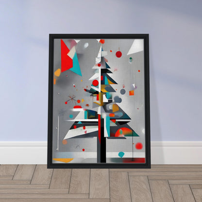 A sleek and modern artwork featuring a geometric Christmas tree adorned with colorful shapes, abstract ornaments, and a gray background.