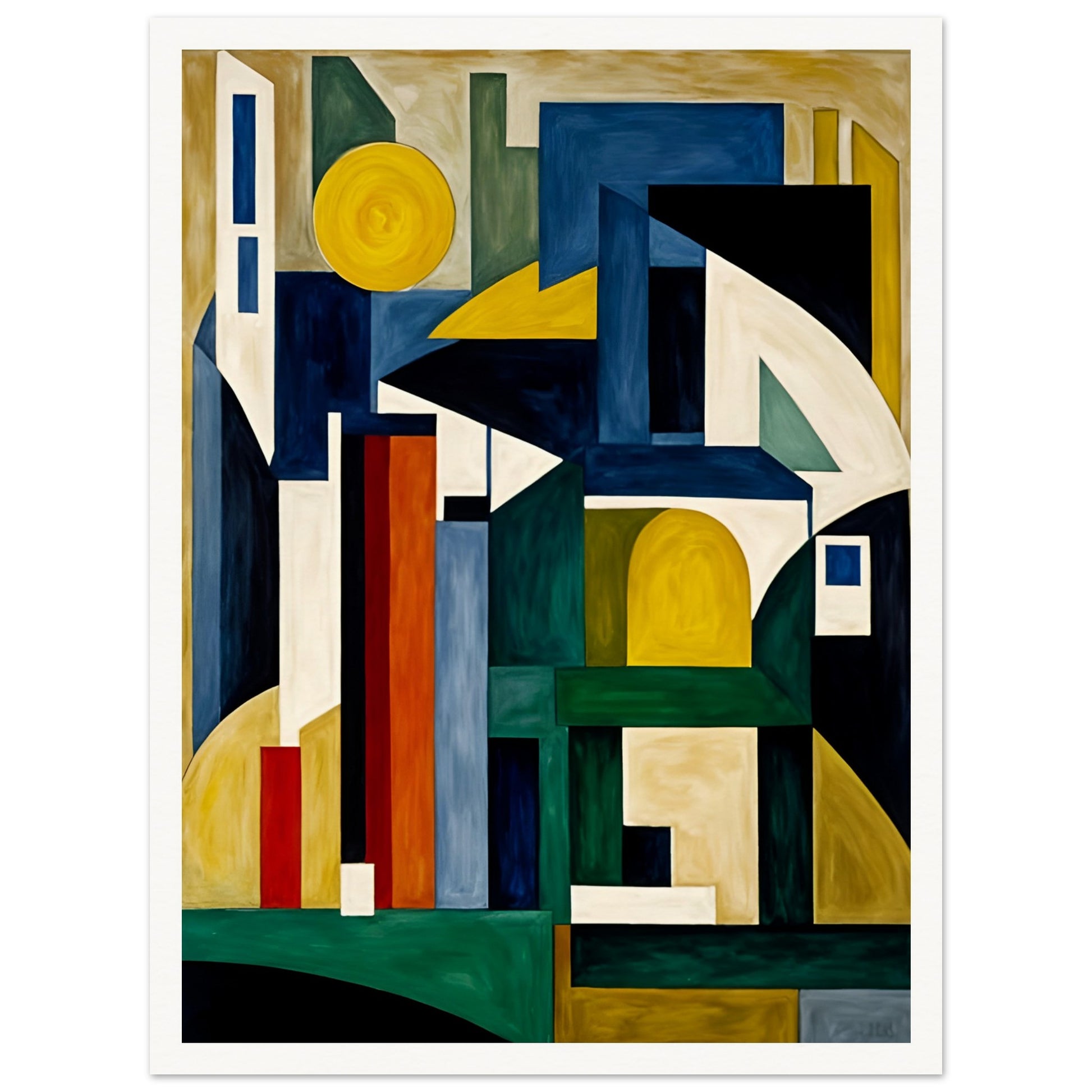 A bold geometric painting with angular shapes in deep greens, blues, yellows, and whites, resembling an abstract cityscape or architectural forms.