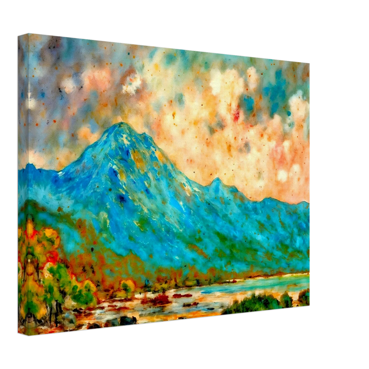 Vivid blue mountain rising above reflective waters beneath a luminous peach and turquoise sky, bursting with expressive color and energy.