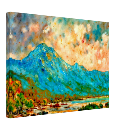 Vivid blue mountain rising above reflective waters beneath a luminous peach and turquoise sky, bursting with expressive color and energy.