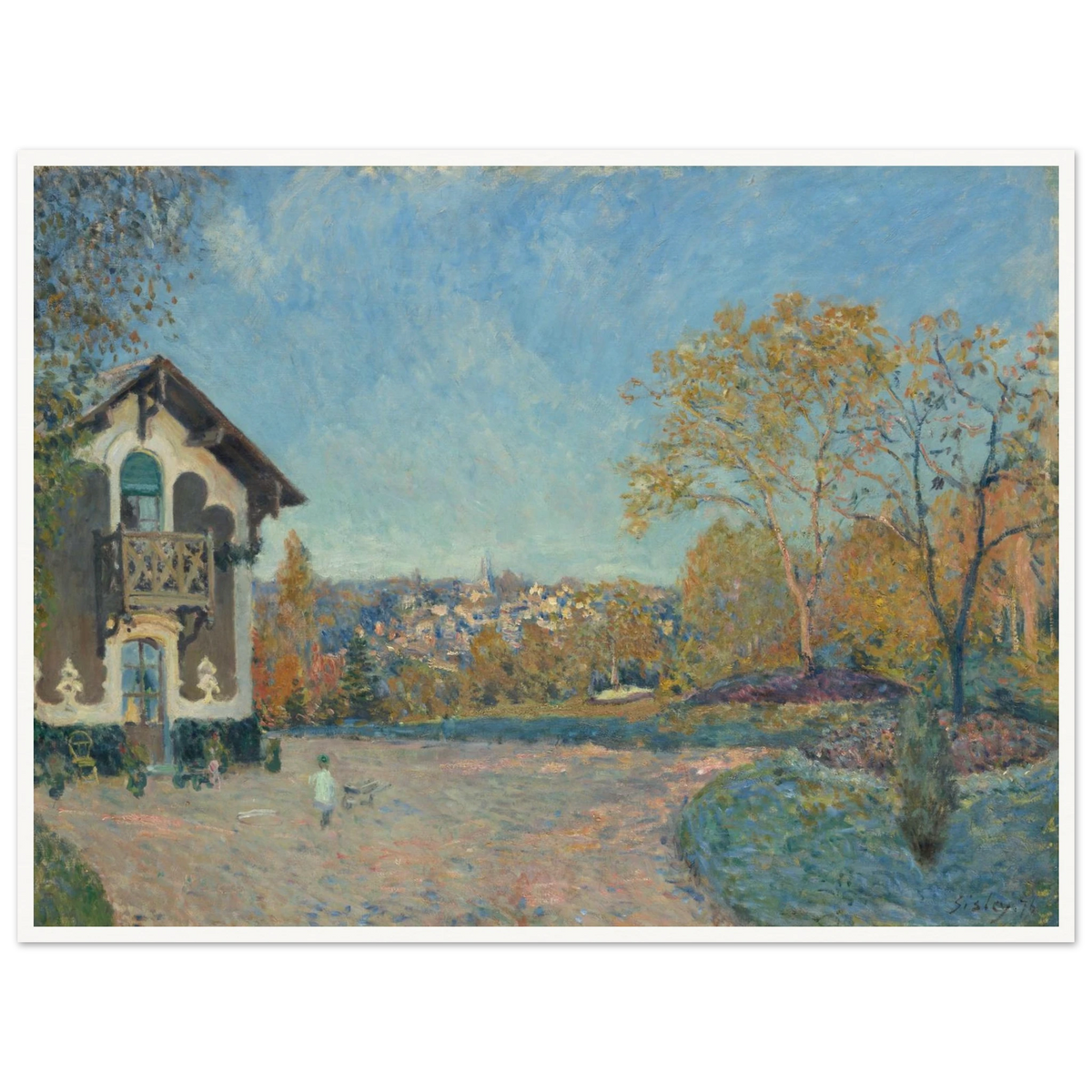 A villa and autumn trees overlook Marly-le-Roi beneath a luminous blue sky.