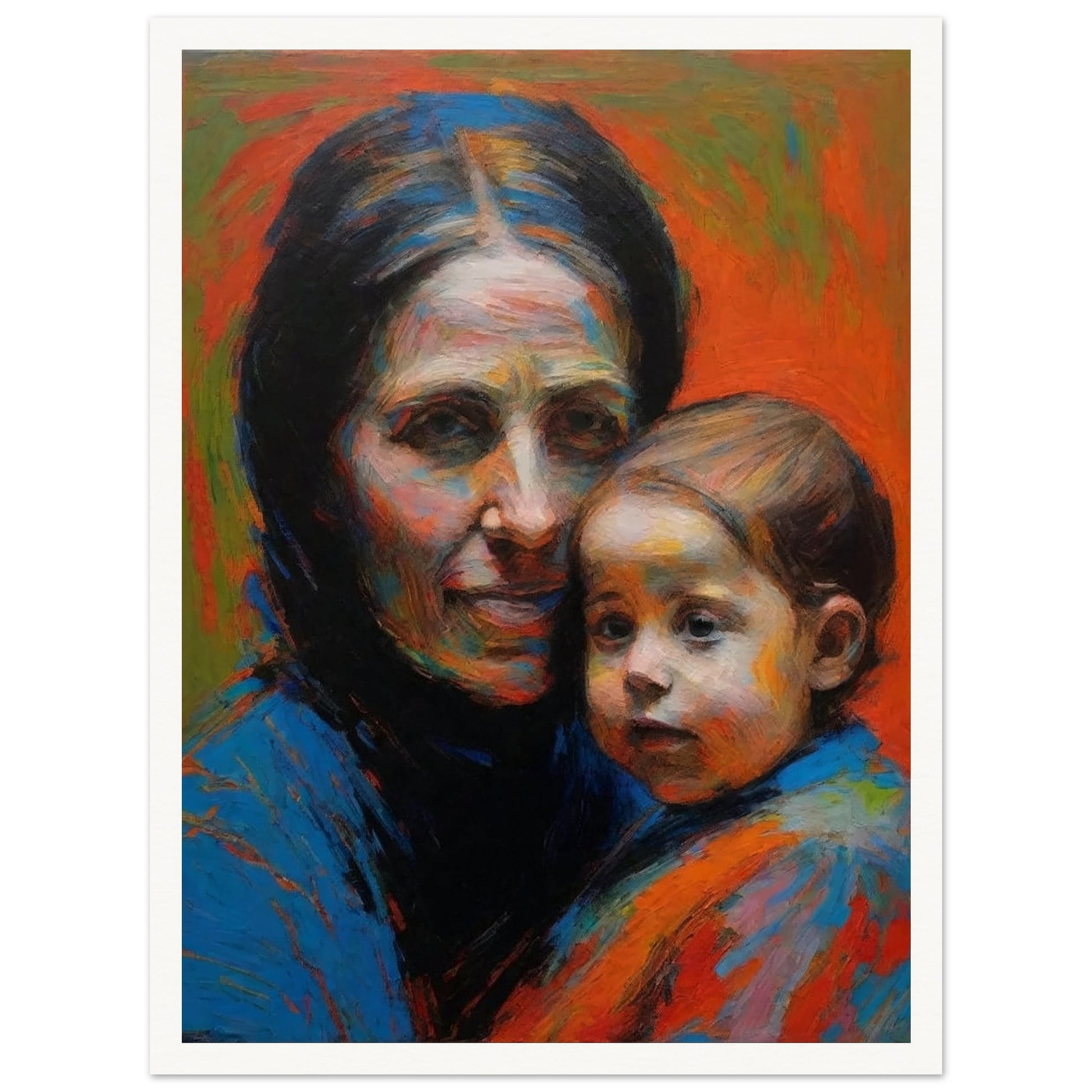 A touching portrait of a mother and child with warm, vibrant colors and expressive brushstrokes.