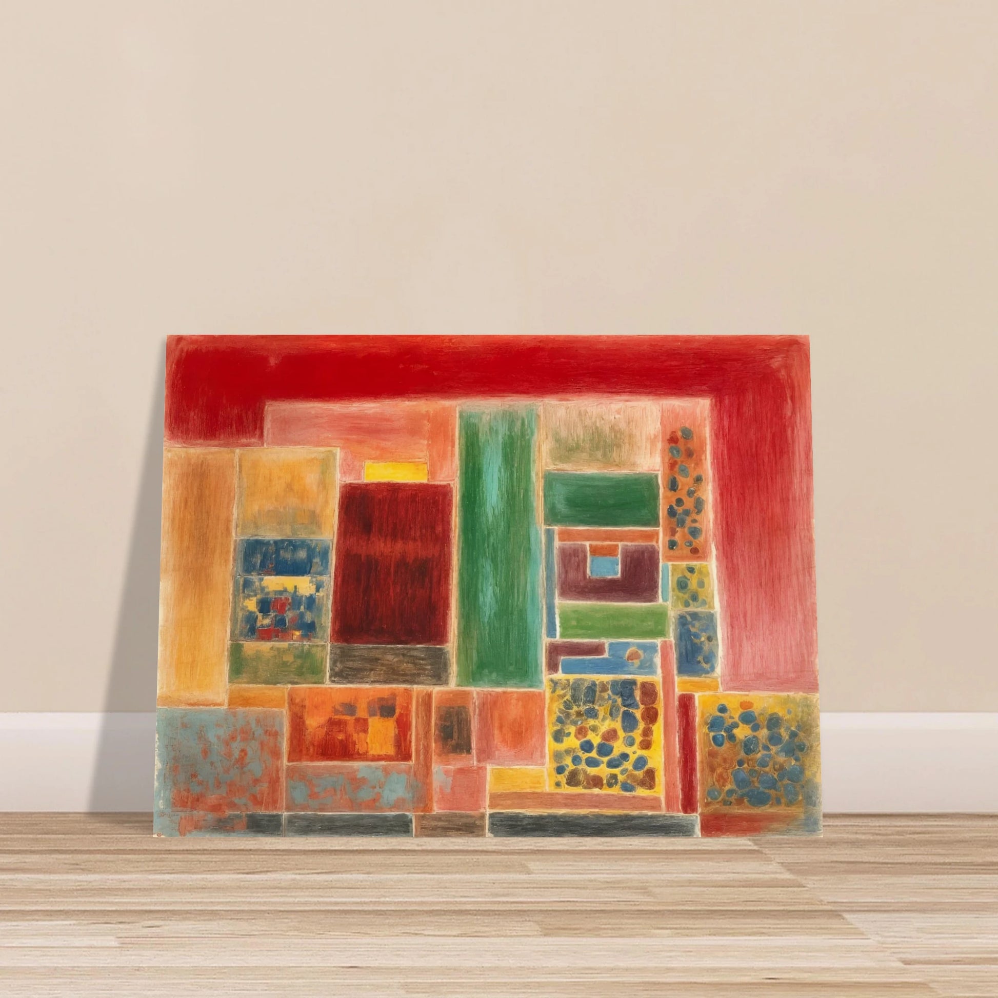 A vivid patchwork of red, green, yellow, and blue rectangles forming a rhythmic grid of warmth and texture.
