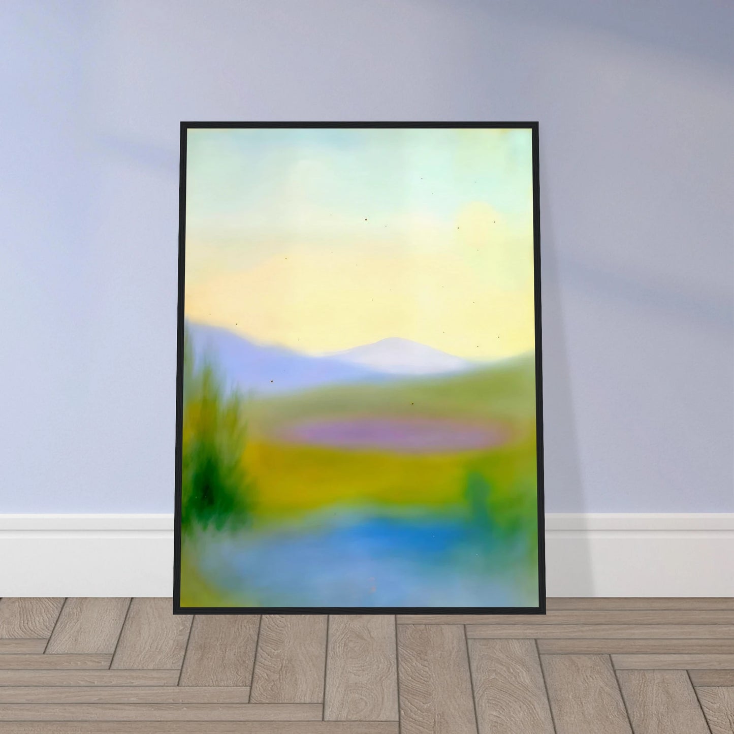 Dreamlike hills, blue waters, and lavender fields glow beneath a pale sky in a tranquil countryside scene.
