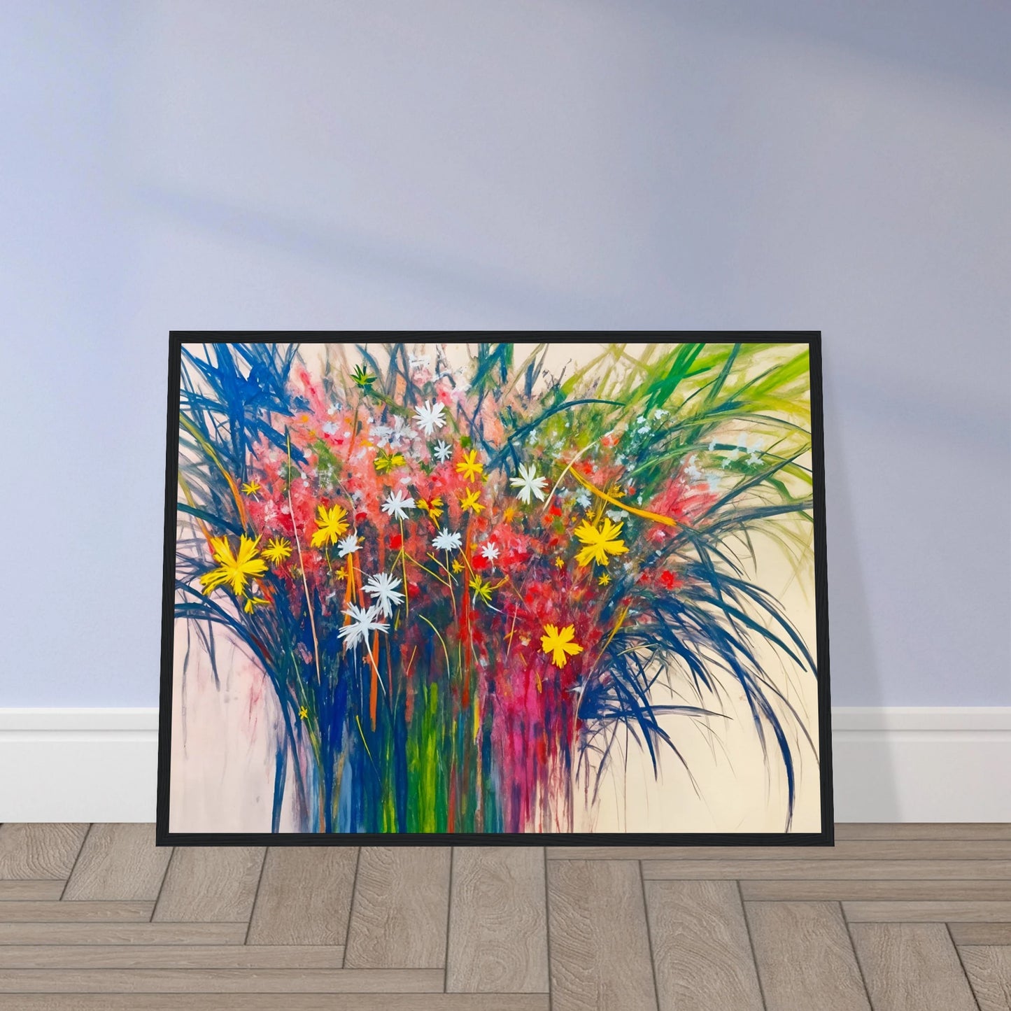 A vibrant explosion of wildflowers in yellow, red, and white bursts from lush green stems, radiating energy and joy.